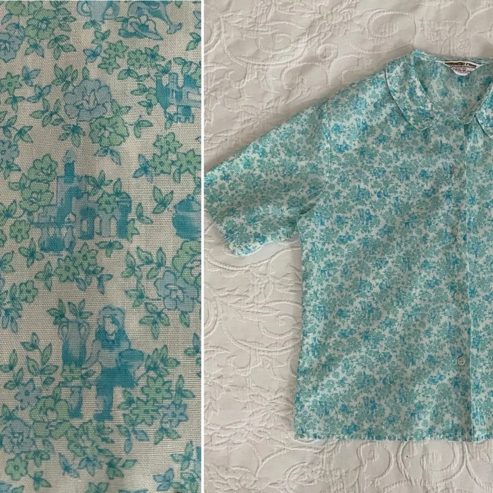 Vintage 1960s Cotton Shirt Short Sleeve Castle Floral Print Hong Kong - Picture 2 of 15